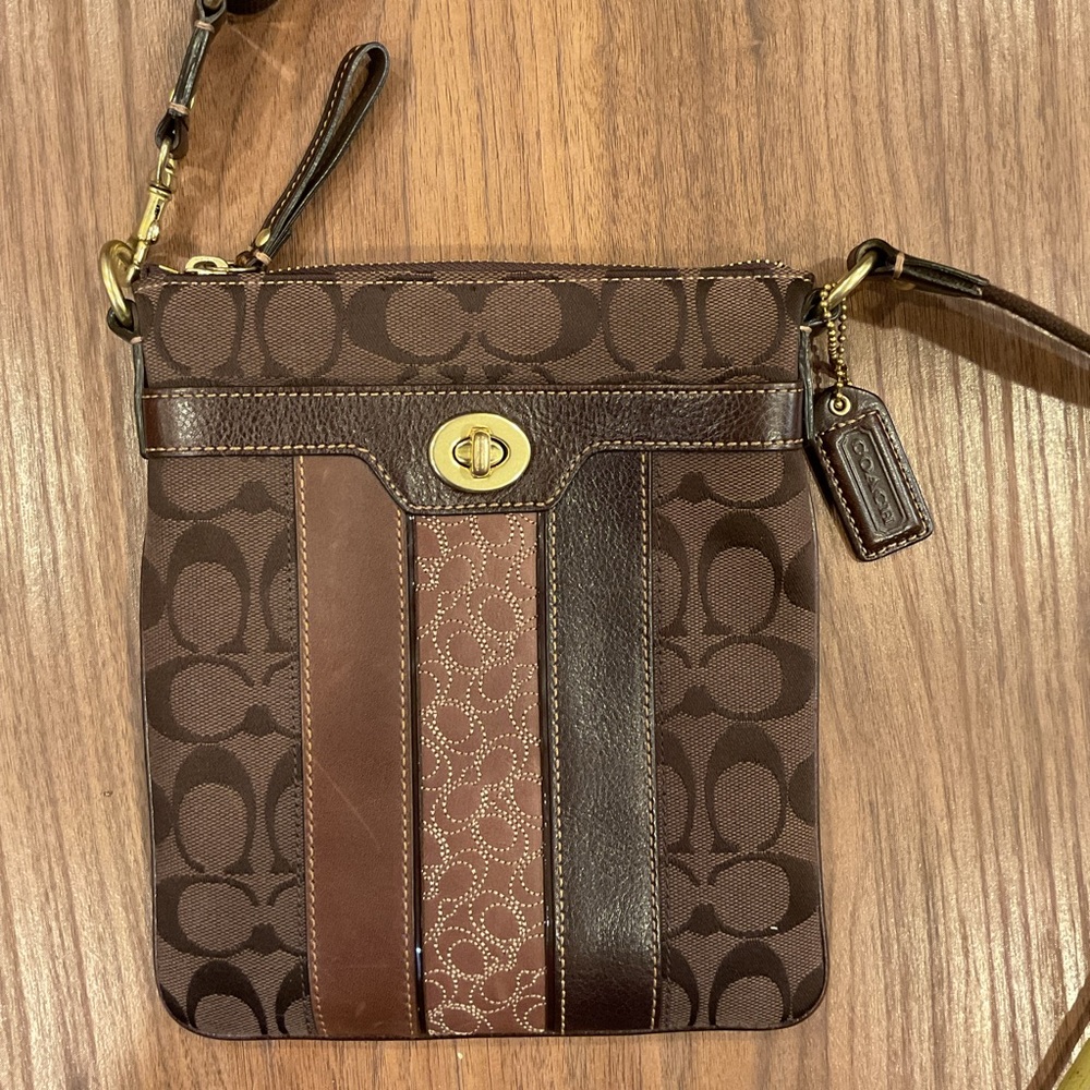 Coach Brown Signature Crossbody with Leather Stripe Accents